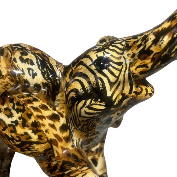 Lot of 2 La Vie Trunk Up Elephant Figurine Safari Animal Print Patchwork Ceramic - Picture 13 of 17